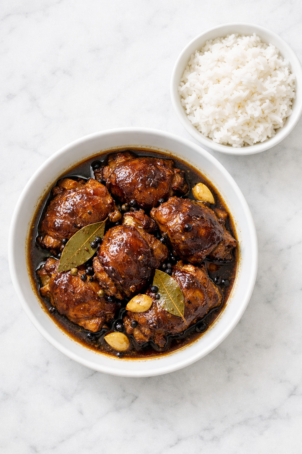 Overhead view of Filipino chicken adobo in a white bowl with steamed rice