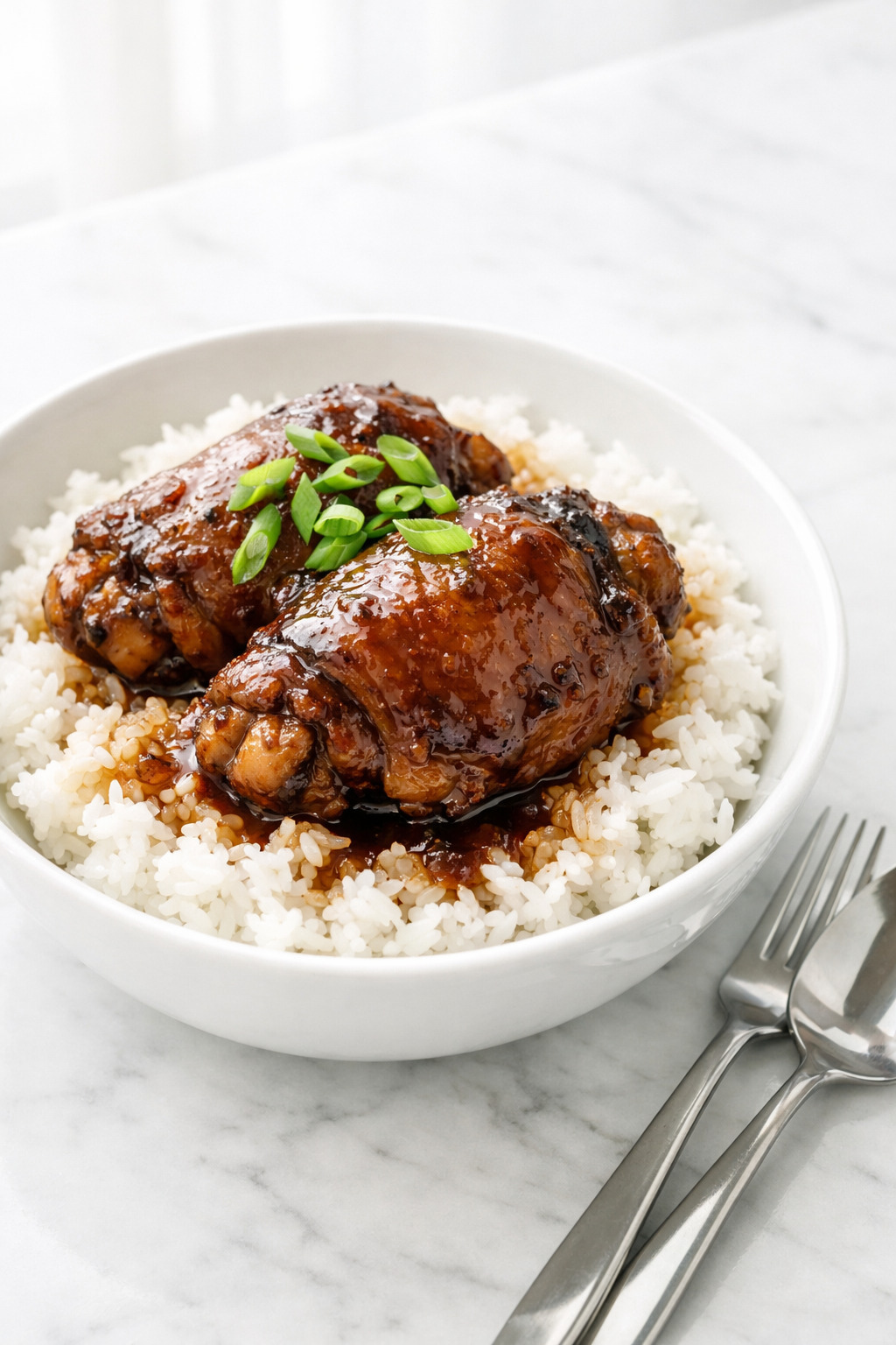 Filipino chicken adobo served over steamed white rice in a white bowl