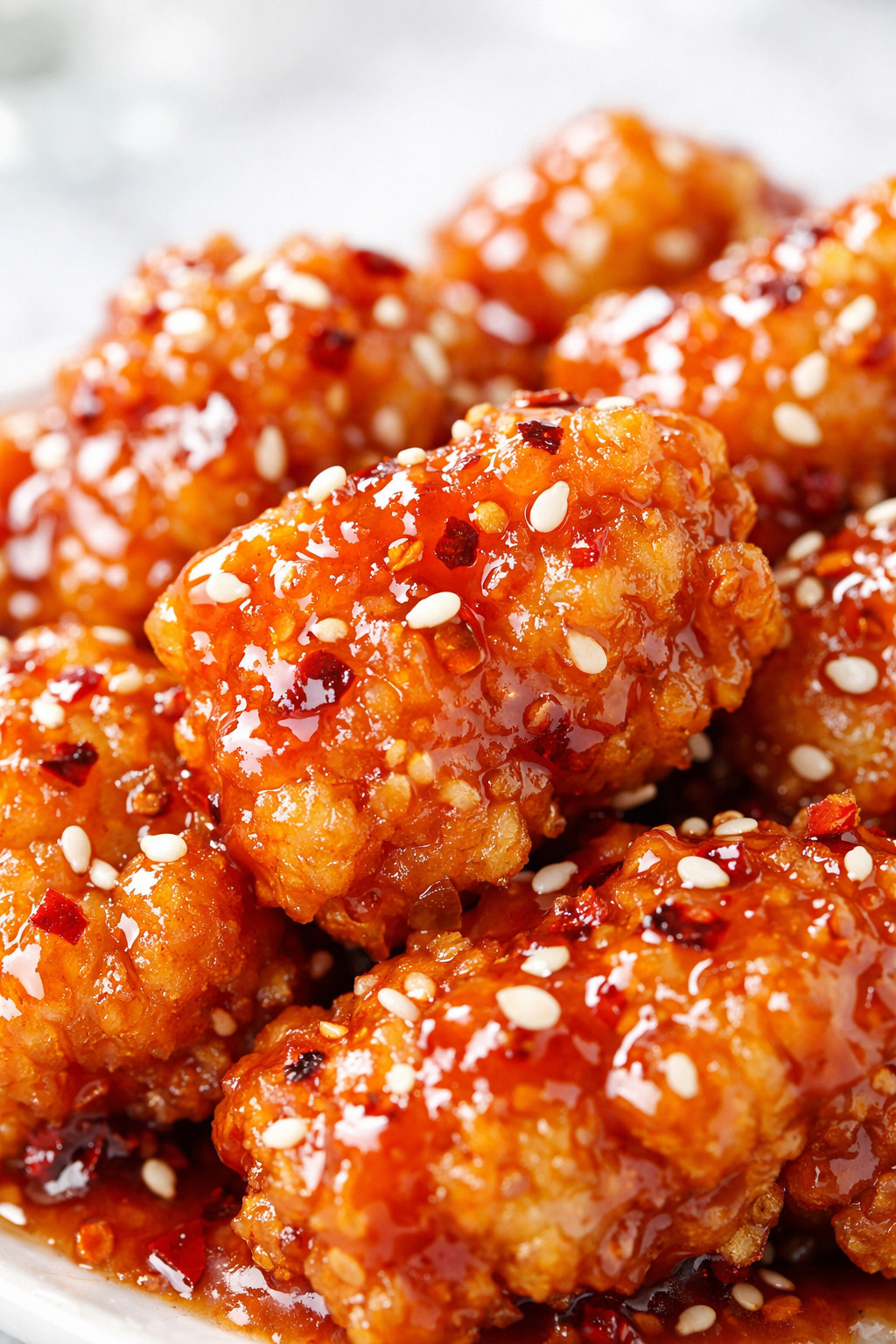 Closeup of crispy firecracker chicken with glossy spicy glaze