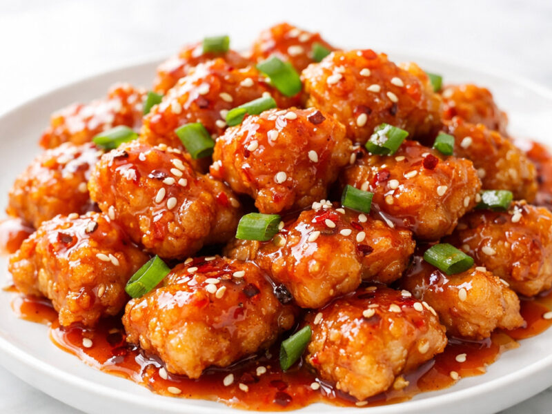Firecracker chicken pieces glazed with sweet and spicy sauce on a white plate
