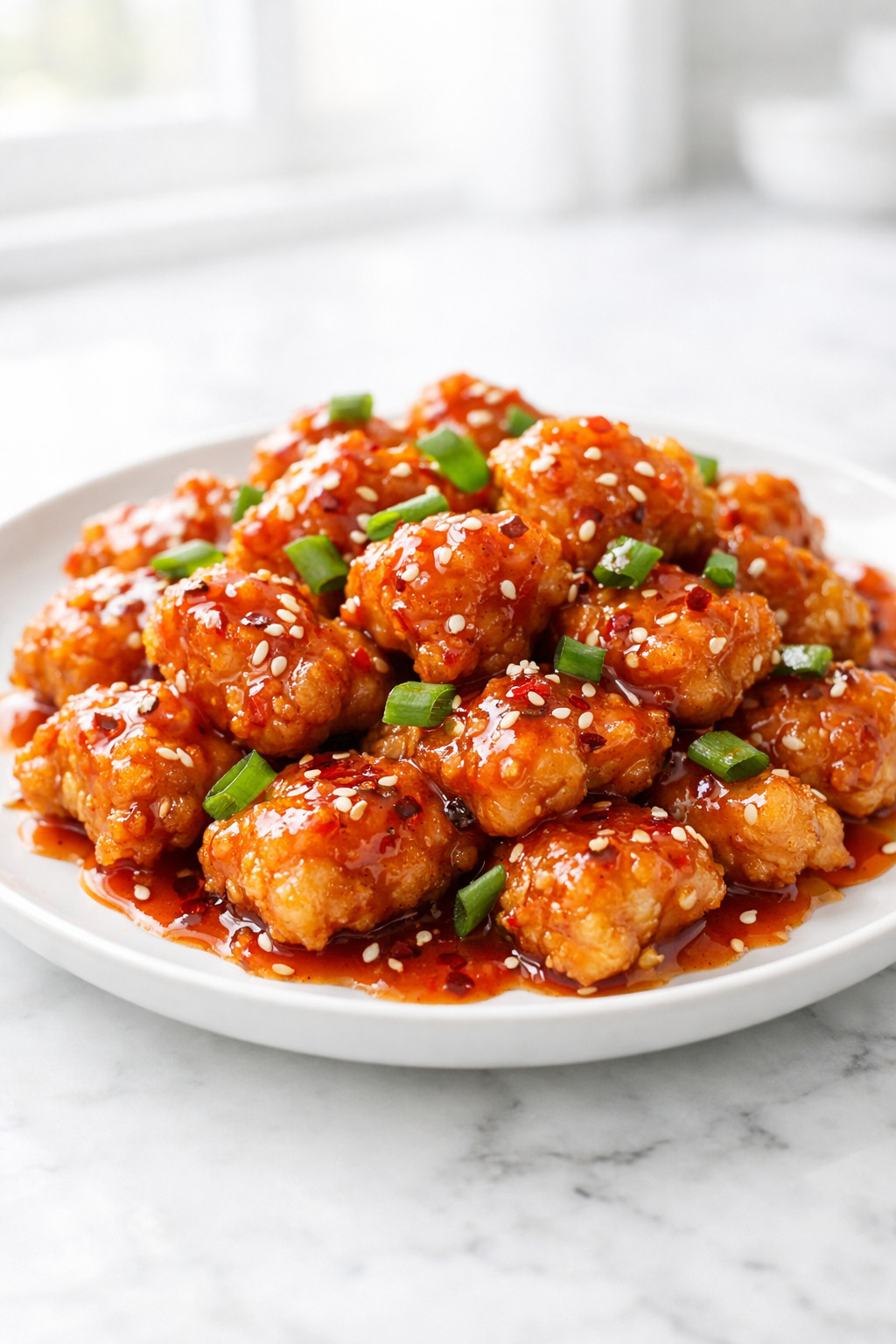 Firecracker chicken pieces glazed with sweet and spicy sauce on a white plate
