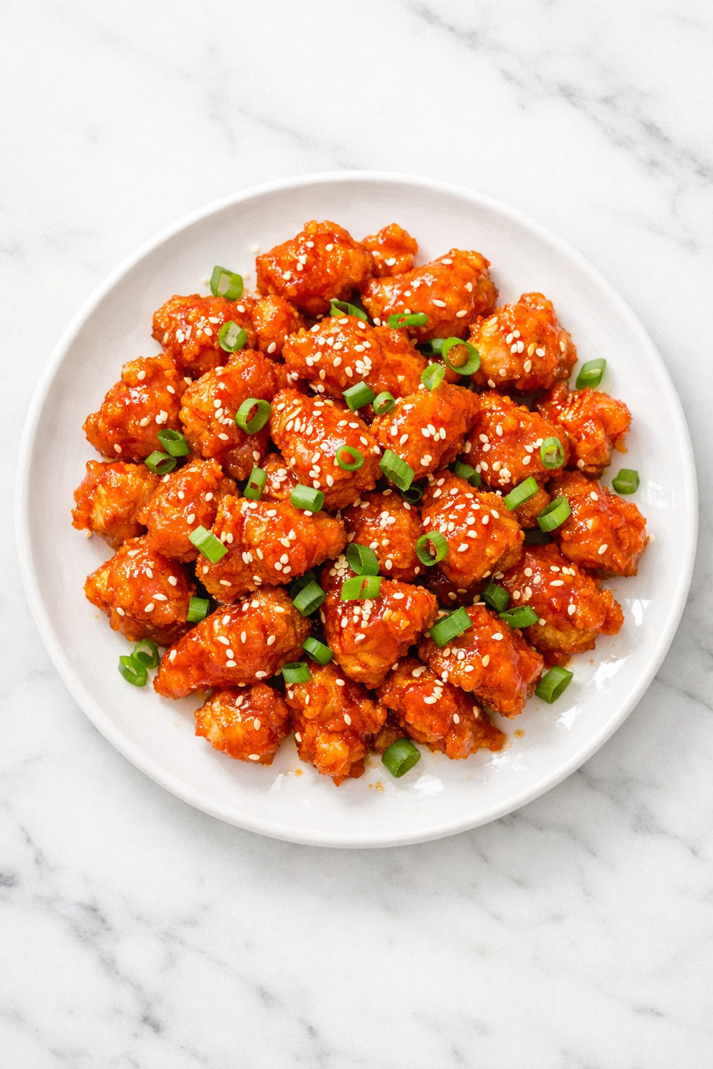 Overhead view of firecracker chicken on white plate