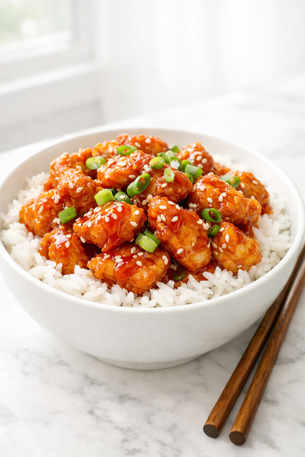 Firecracker chicken served over steamed rice in a white bowl