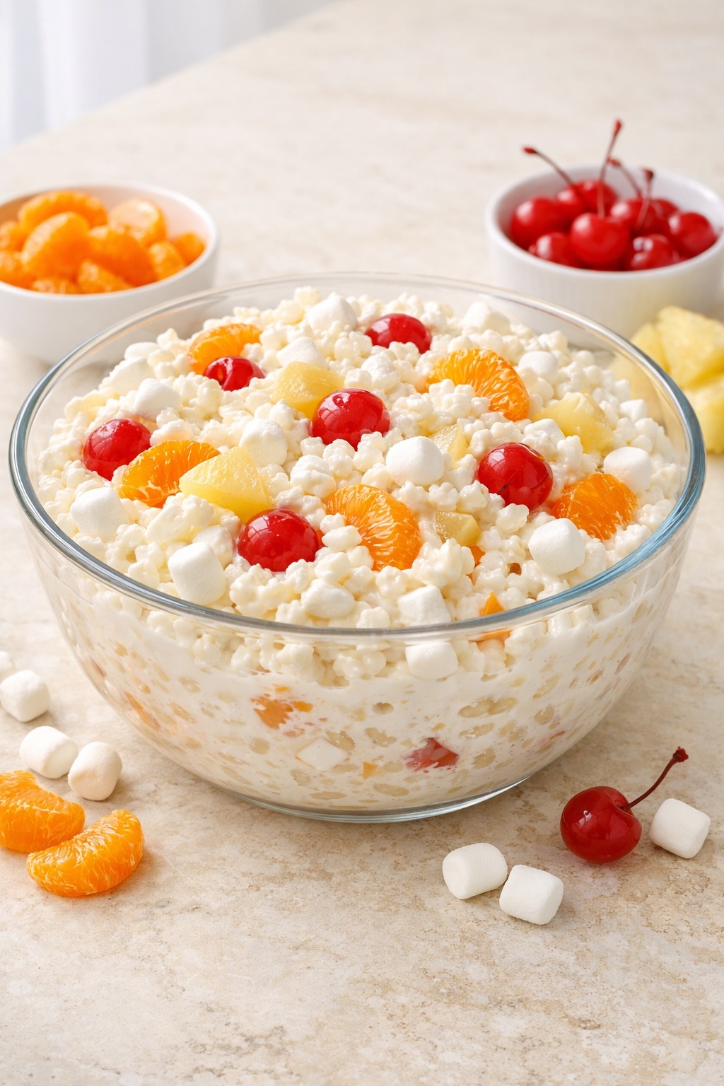 Frog Eye Salad in a large clear glass bowl on a limestone surface with mandarin oranges, maraschino cherries, and pineapple