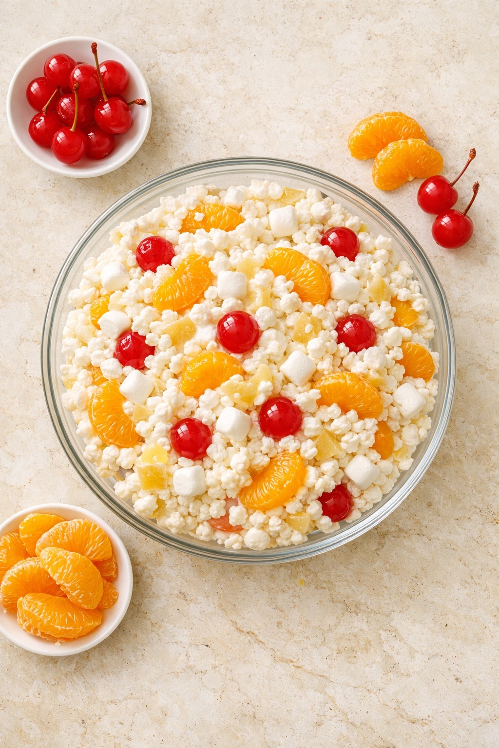 Overhead flat-lay view of Frog Eye Salad in a glass bowl showing mandarin oranges, maraschino cherries, and pineapple chunks