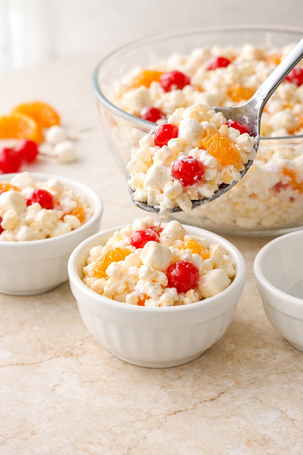 Frog Eye Salad being scooped into individual serving bowls showing the creamy texture and colorful fruit pieces