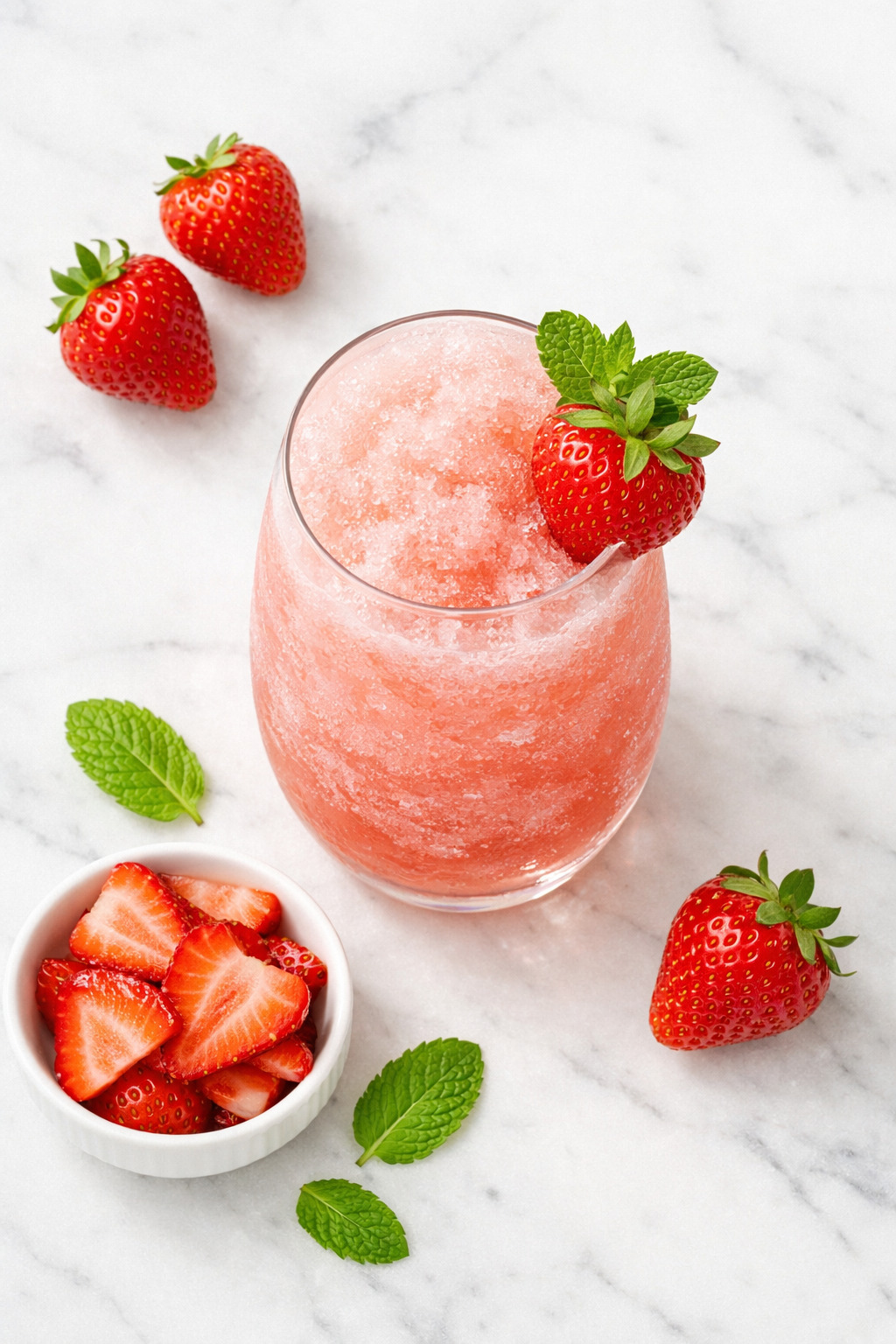 overhead view of frose frozen rose with strawberries and mint