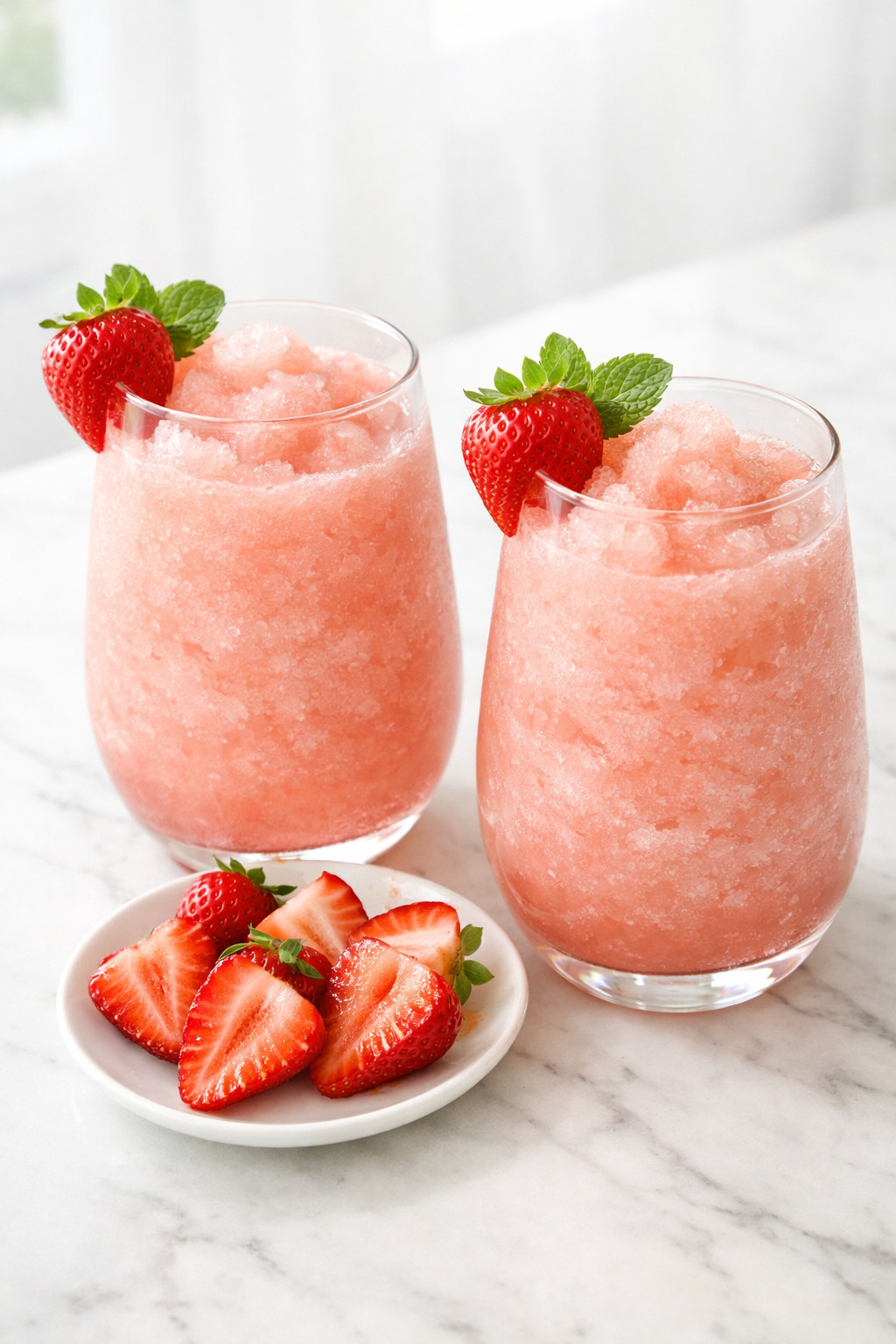 two glasses of frose frozen rose garnished with strawberries