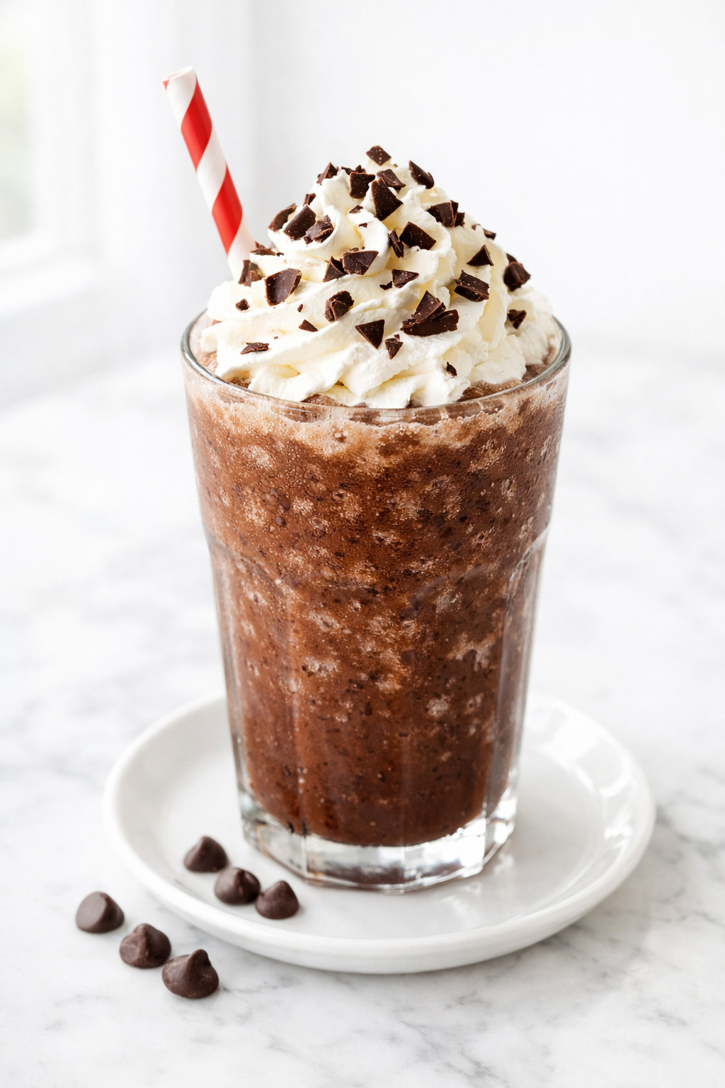Frozen hot chocolate in a tall glass topped with whipped cream and chocolate shavings