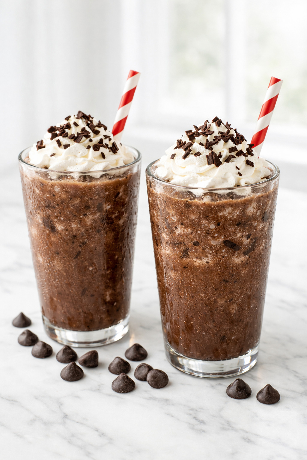 Two glasses of frozen hot chocolate with whipped cream and chocolate chips