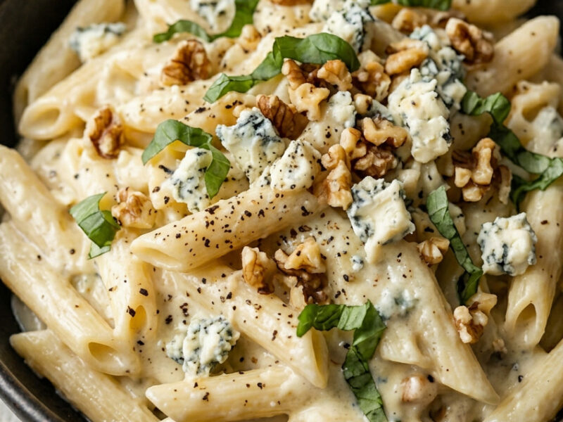 Bowl of creamy gorgonzola pasta with sage garnish