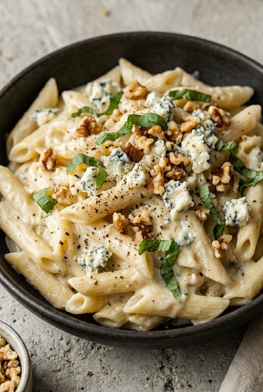 Bowl of creamy gorgonzola pasta with sage garnish
