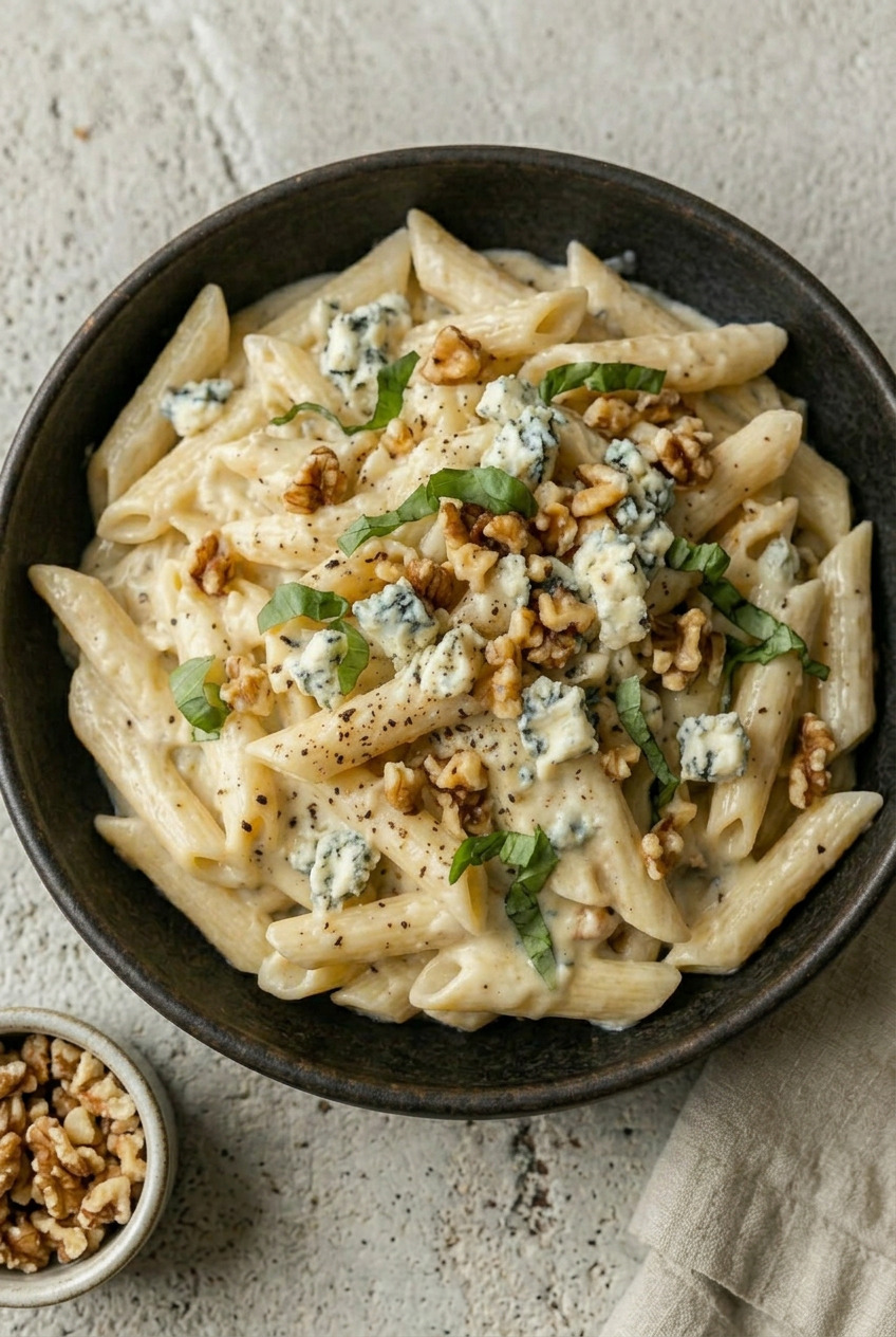 Overhead view of gorgonzola pasta in white bowl