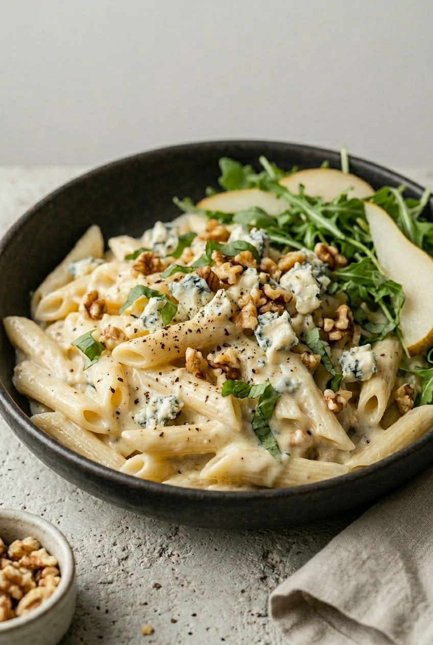 Fork twirling creamy gorgonzola pasta