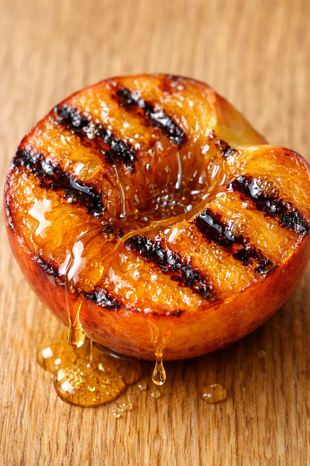 Closeup of grilled peach showing caramel grill marks and honey