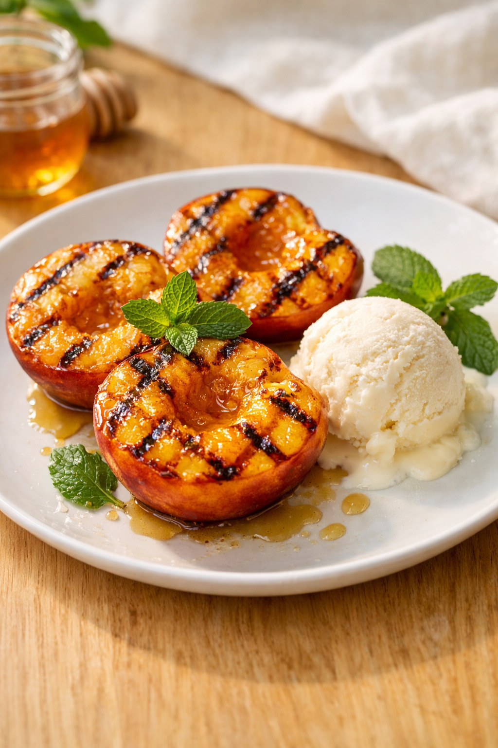 Grilled peaches on white plate with honey and vanilla ice cream
