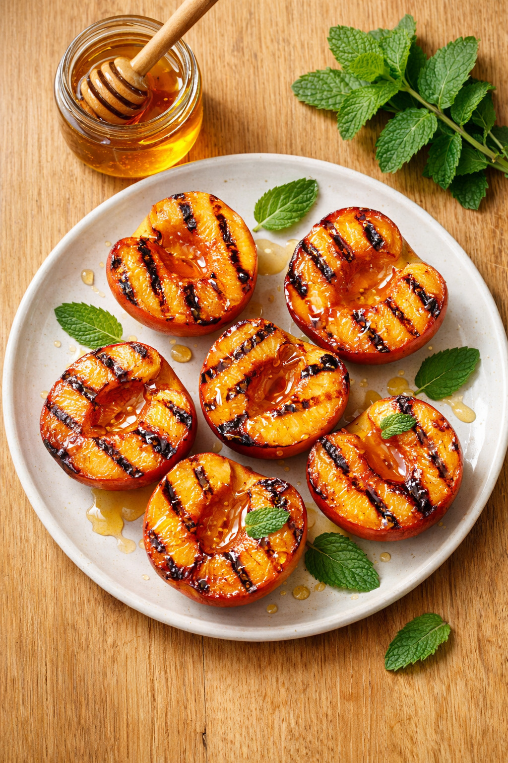 Overhead view of grilled peach halves with honey drizzle