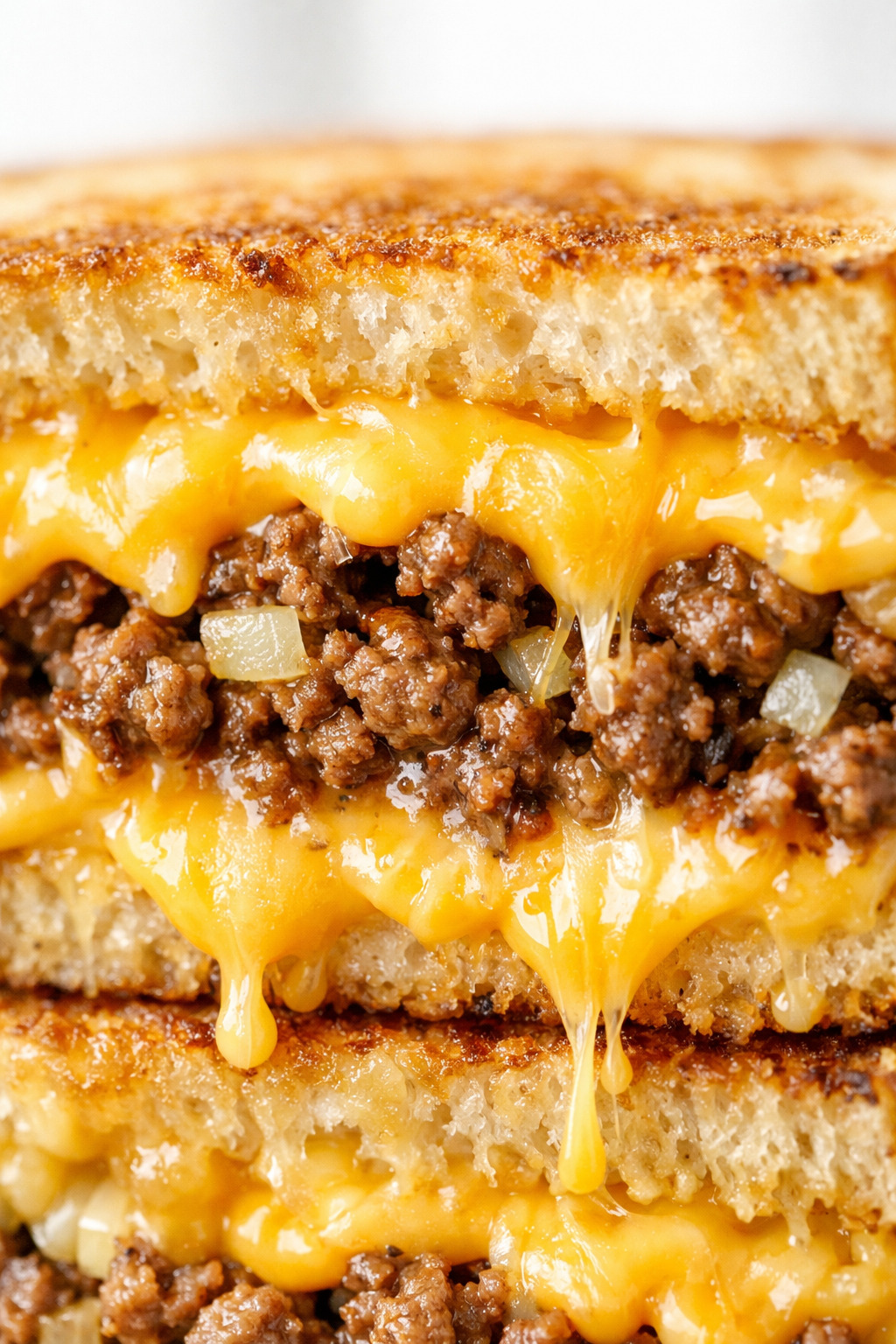 Close-up of cheesy ground beef melt with melted cheese pull