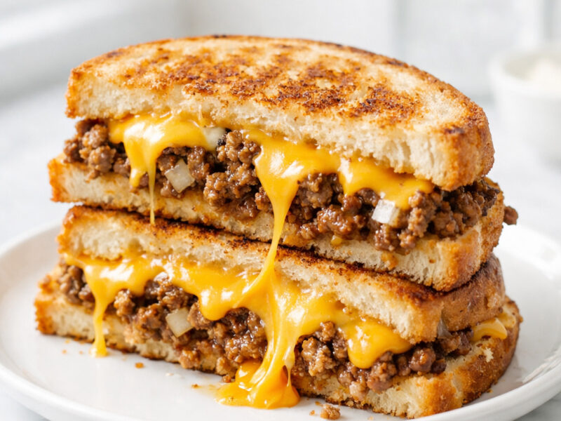 Cheesy ground beef melt sandwich cut in half showing melted cheese and seasoned beef