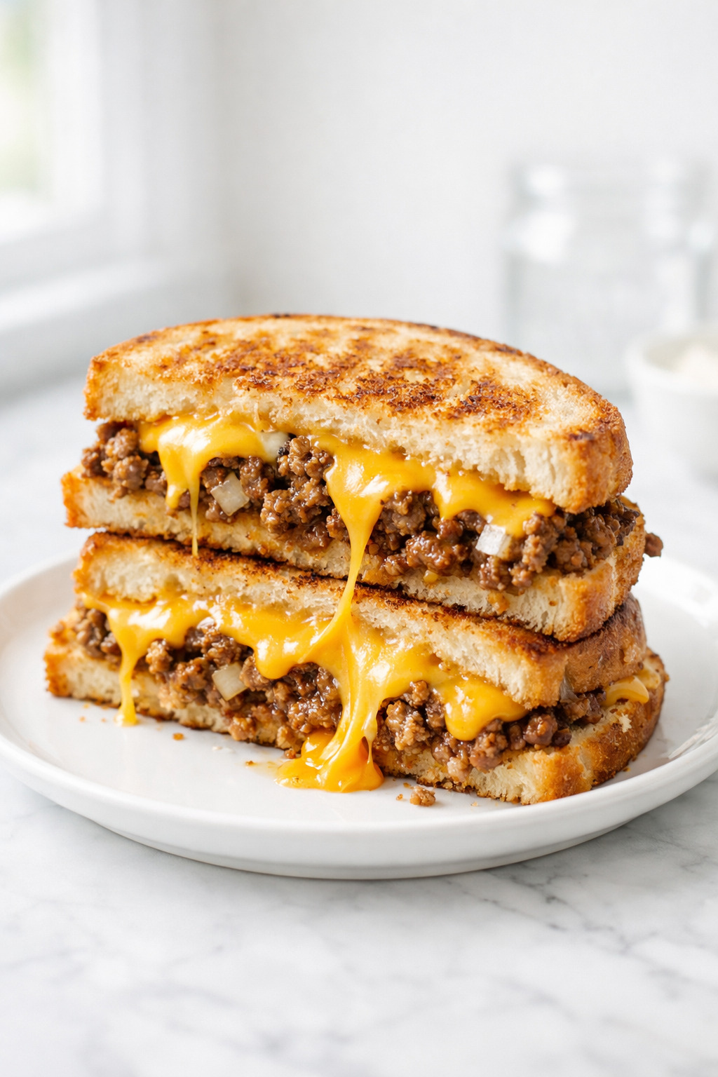 Cheesy ground beef melt sandwich cut in half showing melted cheese and seasoned beef