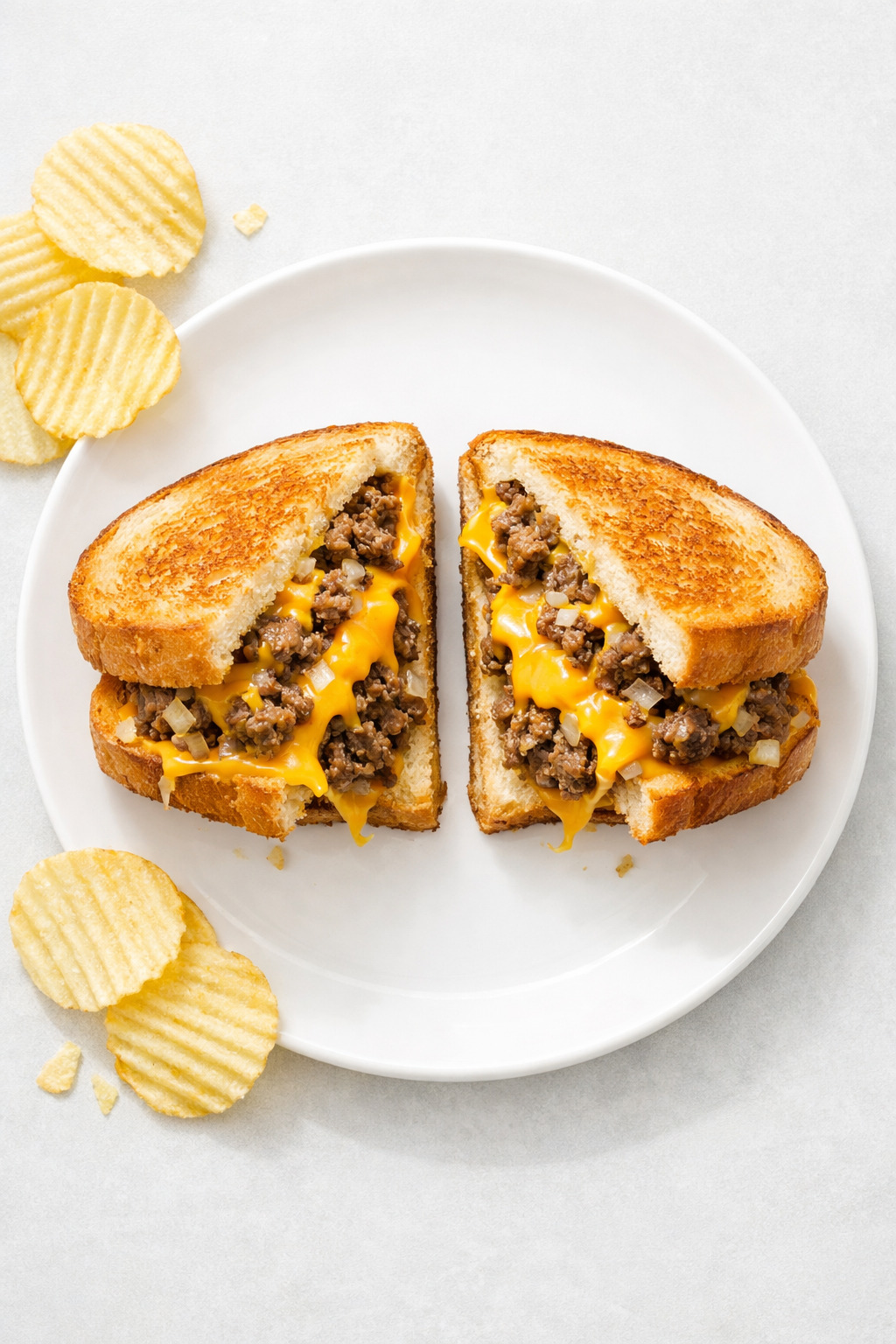 Overhead view of cheesy ground beef melt on a white plate with pickles