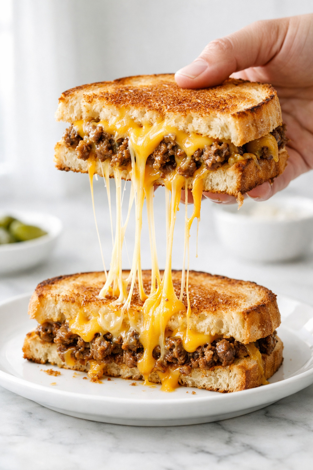 Cheesy ground beef melt served with tomato soup and chips
