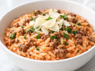 Ground Beef Orzo With Tomato Cream Sauce