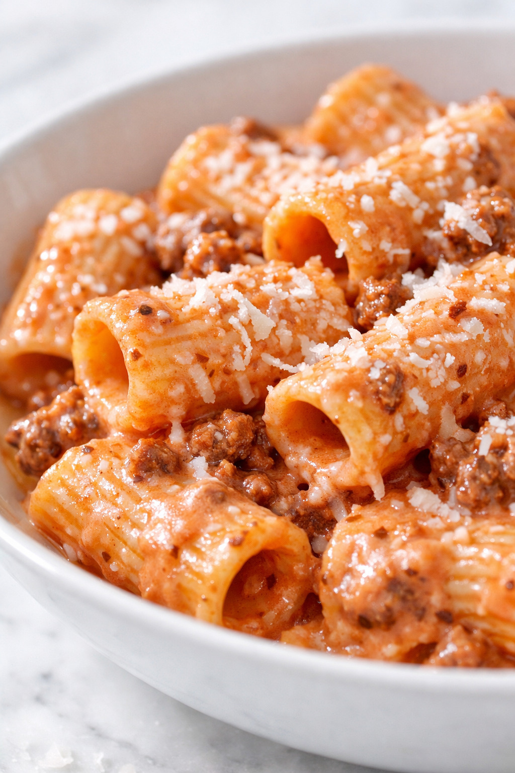 Close-up of rigatoni coated in creamy tomato beef sauce