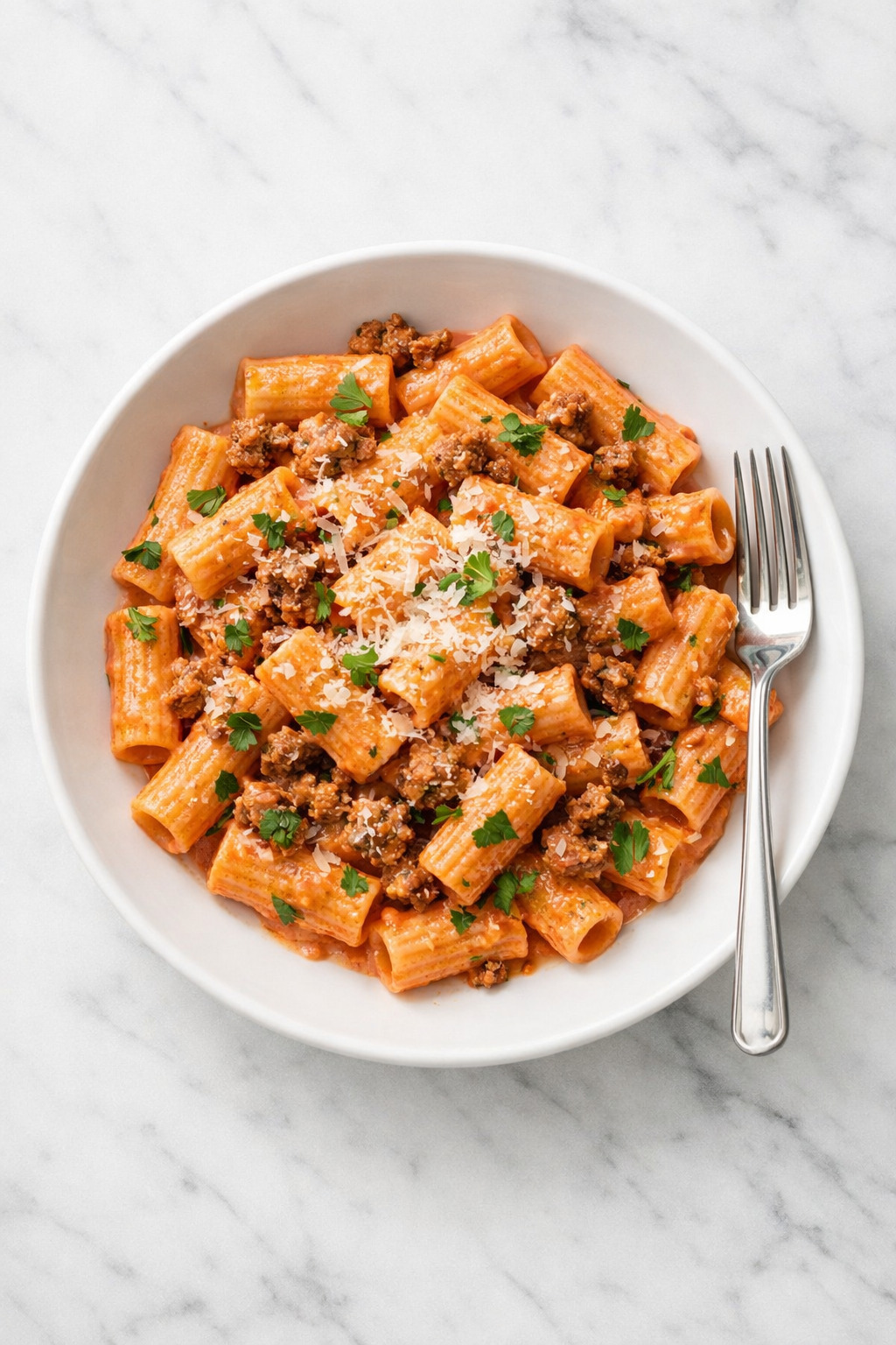 Overhead view of ground beef rigatoni in creamy pink sauce