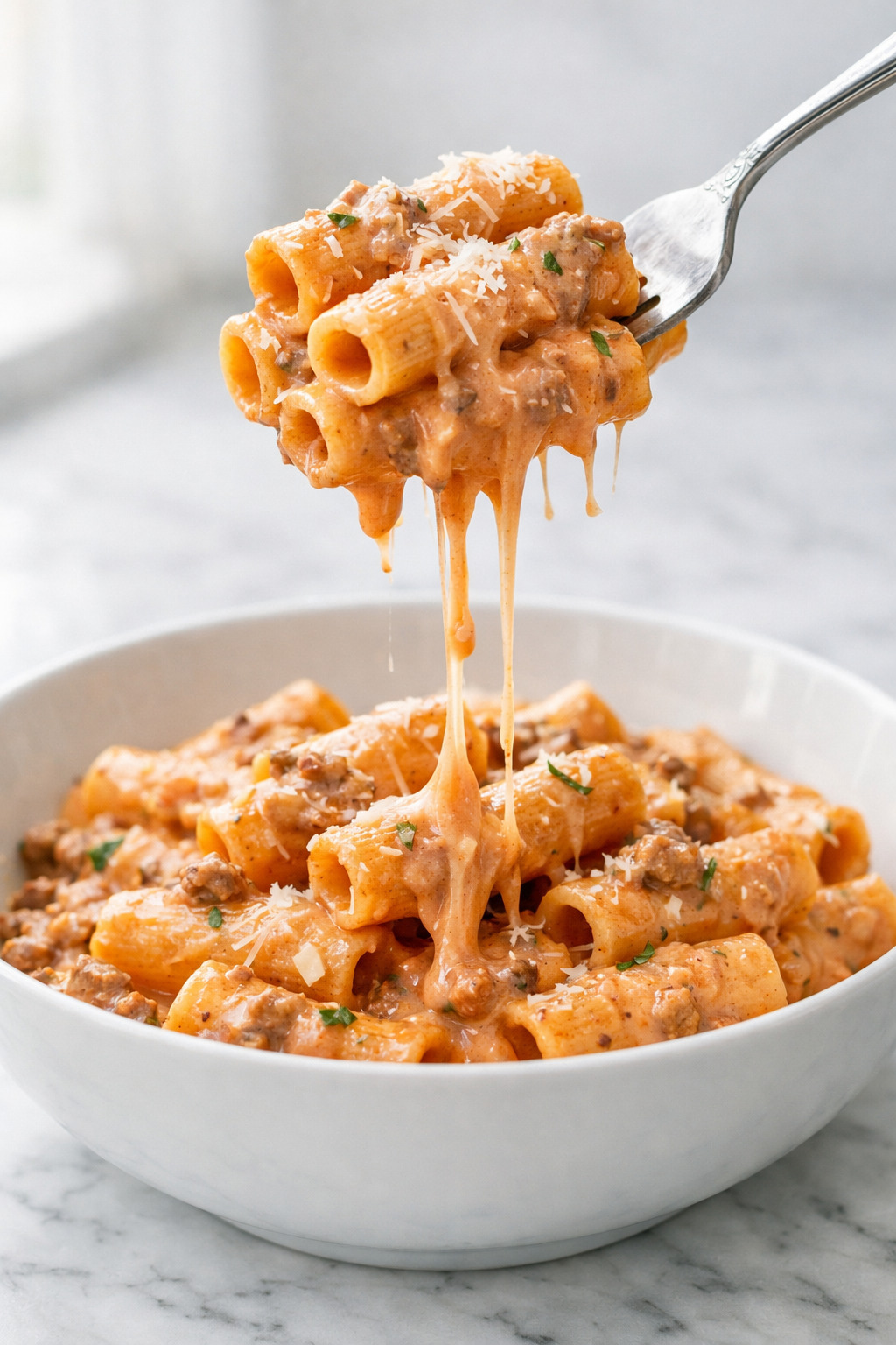 Fork lifting rigatoni pasta with creamy ground beef sauce