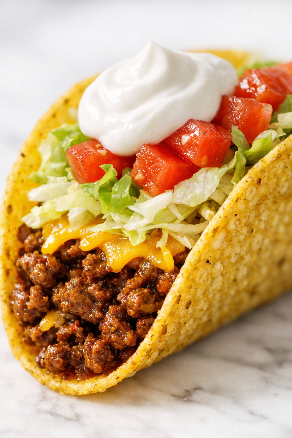 Close-up of a ground beef taco showing seasoned meat lettuce cheese and tomato