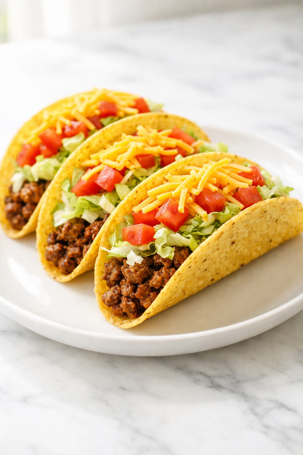 Ground beef tacos in crispy corn shells with lettuce tomato and cheese on a white plate