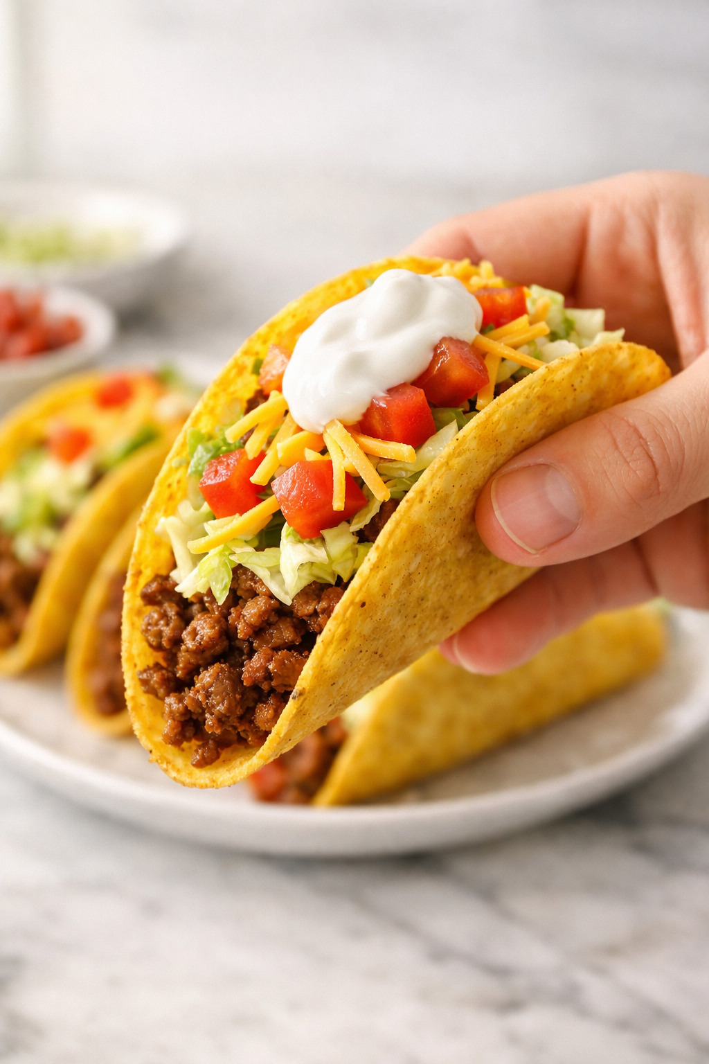 Hand holding a ground beef taco ready to eat