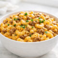 Homemade hamburger helper without milk with creamy cheese sauce and elbow pasta