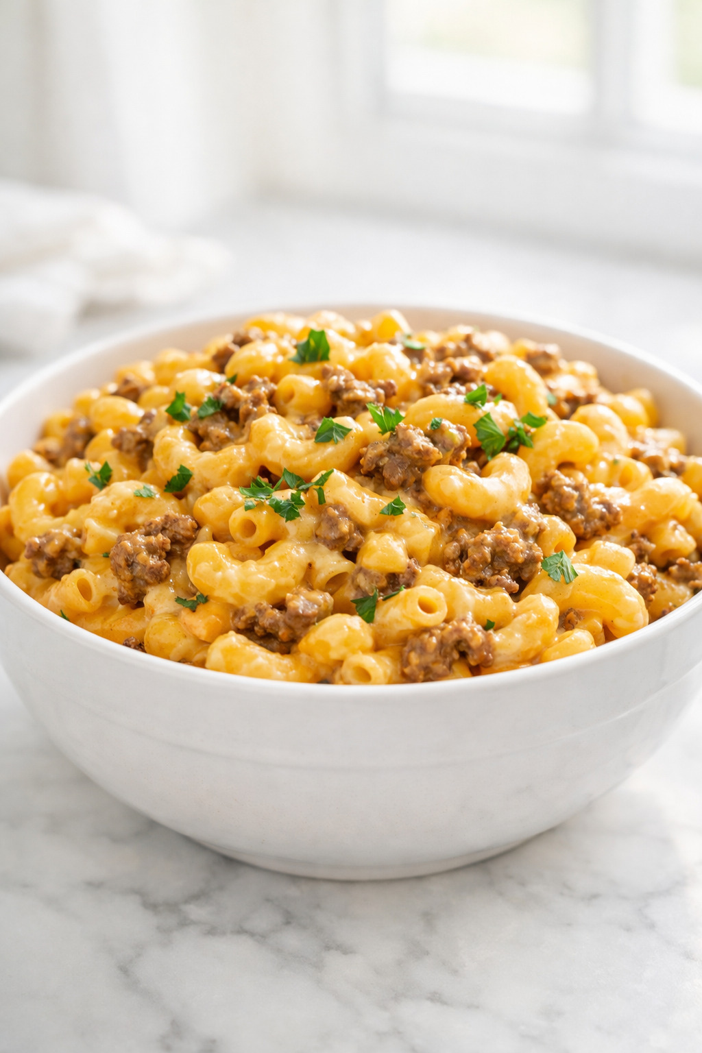 Homemade hamburger helper without milk with creamy cheese sauce and elbow pasta