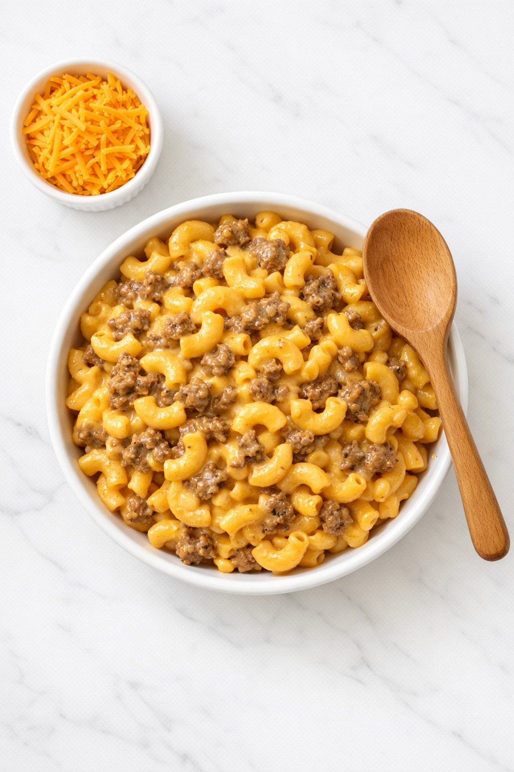 Overhead view of creamy hamburger helper made without milk in a white ceramic dish