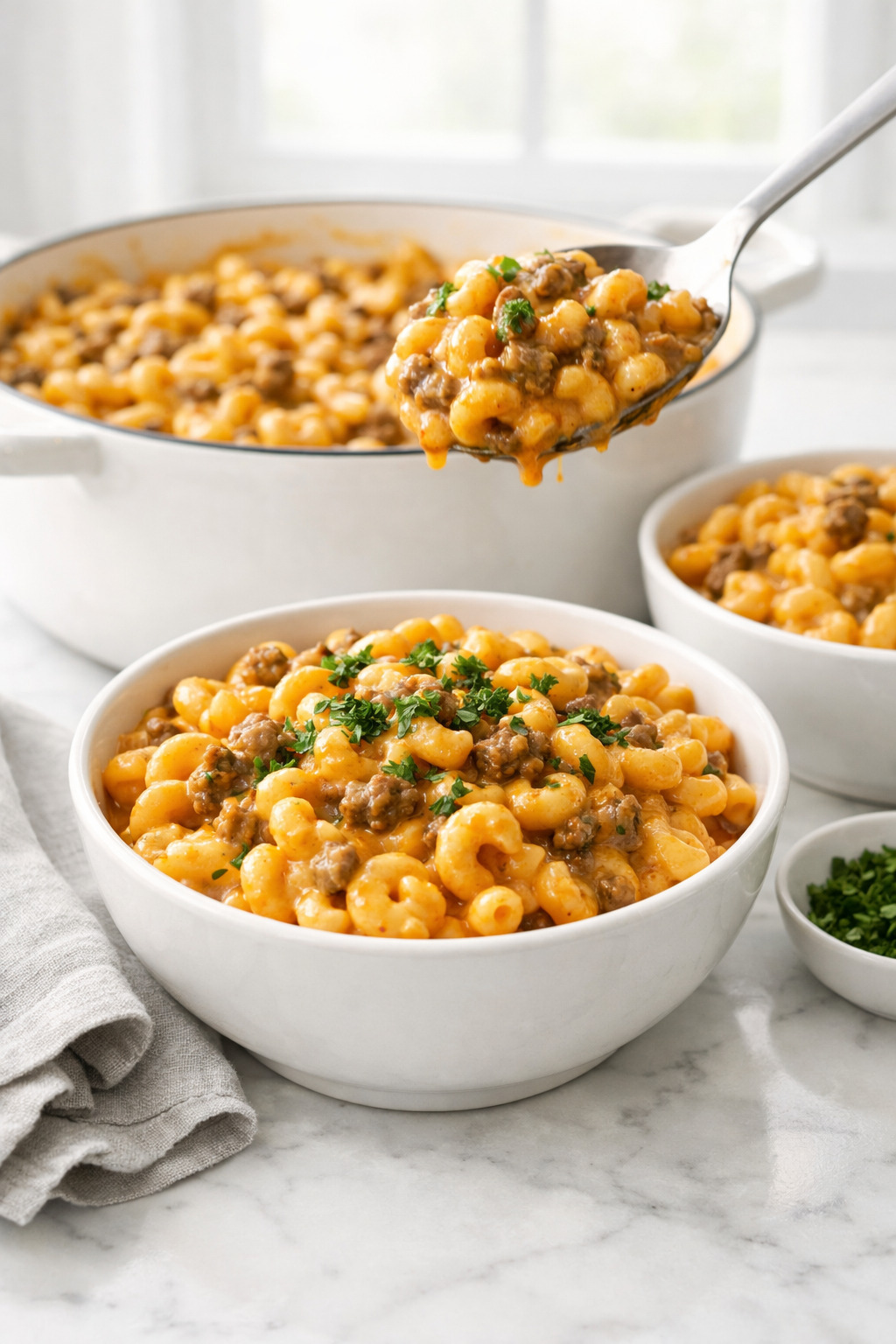 Hamburger helper without milk being served from a pot into white bowls