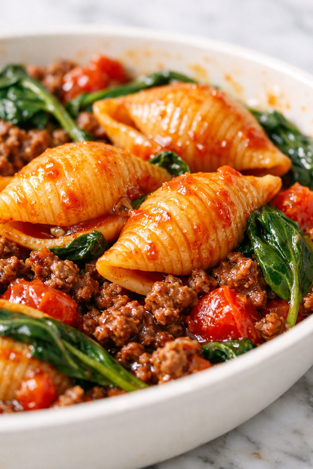 Close-up of pasta shells with ground beef wilted spinach and tomato sauce