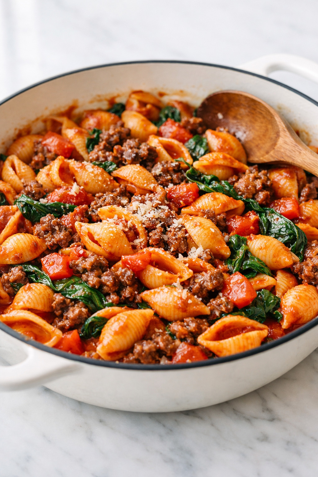 One pan healthy ground beef pasta with shells spinach and tomatoes in a white skillet