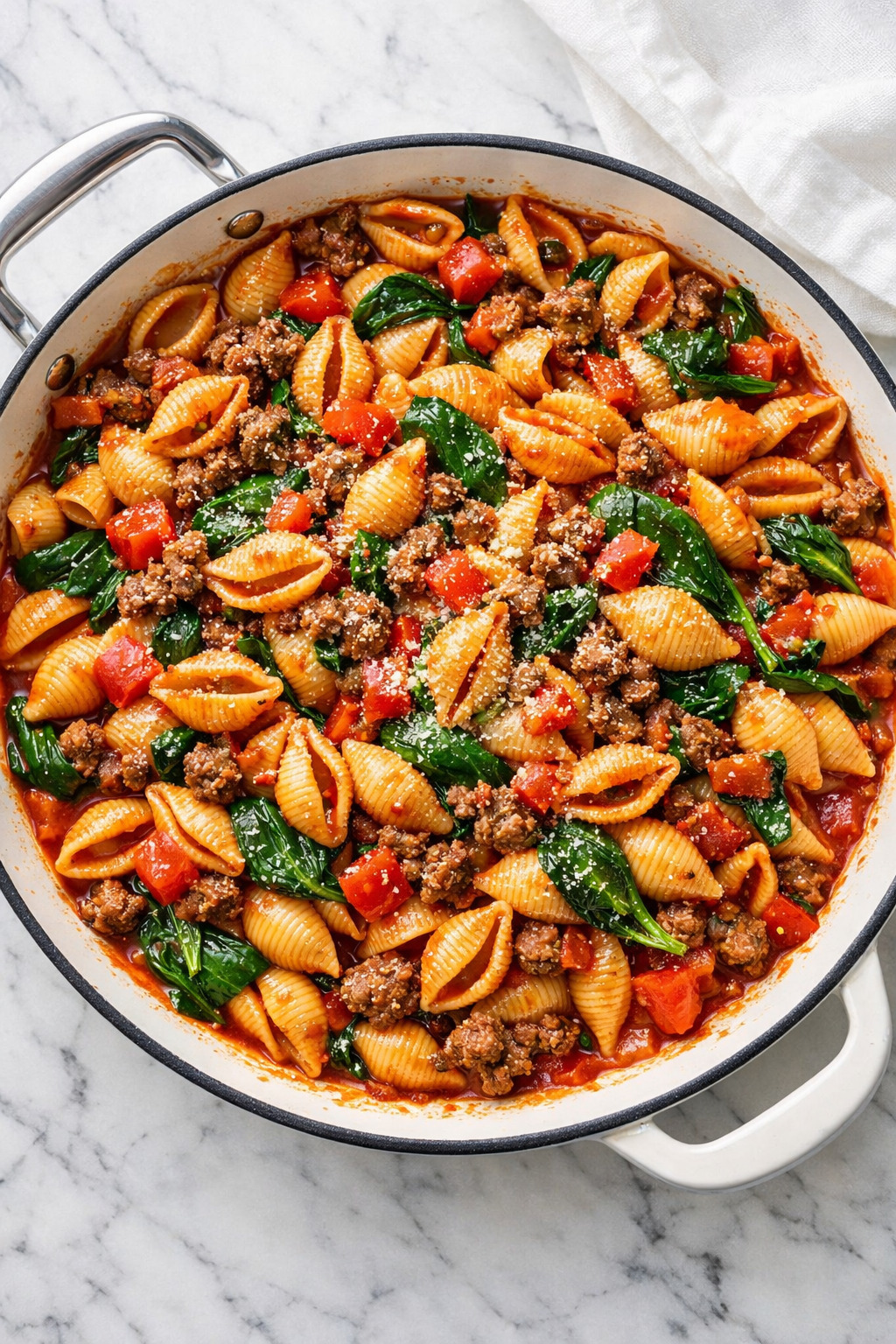 Overhead view of ground beef pasta with shells and spinach
