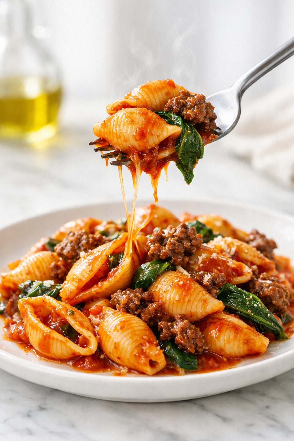 Fork lifting pasta shells with ground beef and spinach