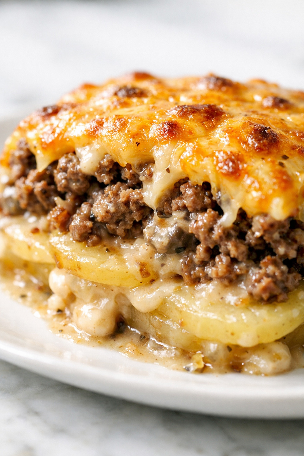 Closeup of layered hobo casserole showing potatoes beef and cheese