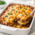 Ground beef hobo casserole in a baking dish with melted cheddar cheese