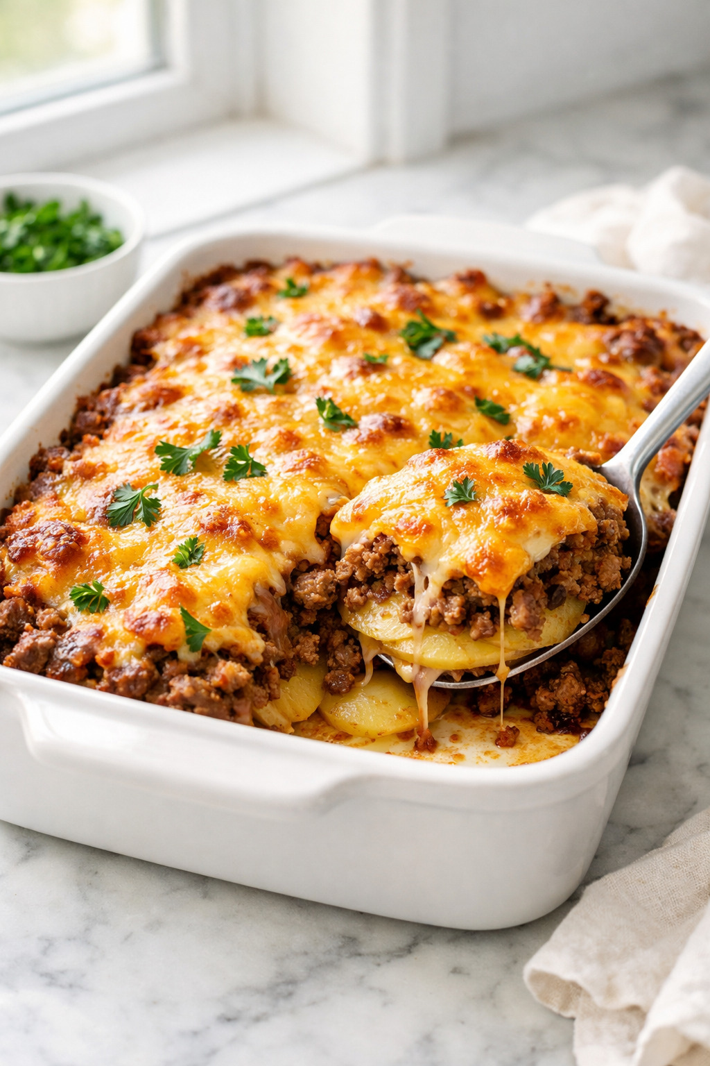 Ground beef hobo casserole in a baking dish with melted cheddar cheese