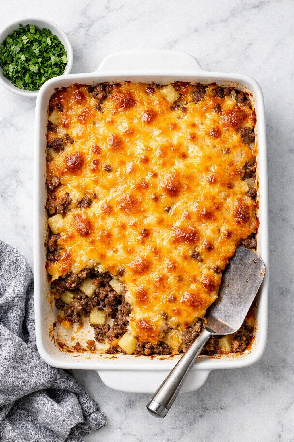 Overhead view of ground beef hobo casserole with golden melted cheese