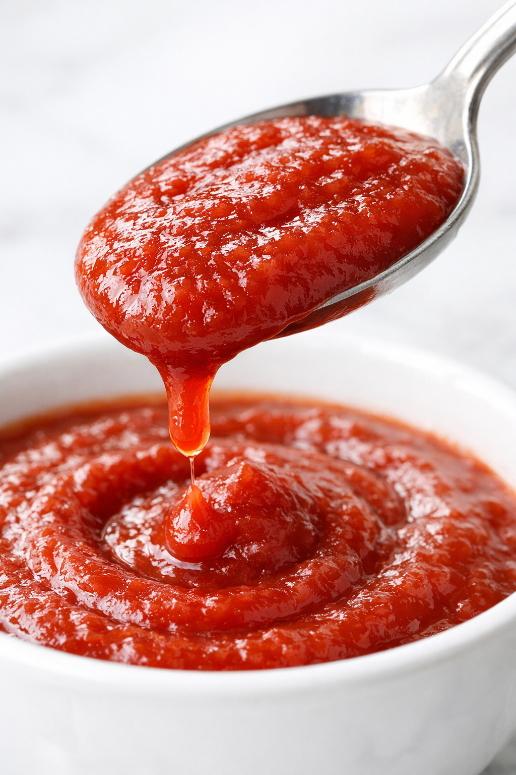Close-up of thick homemade ketchup dripping from a spoon