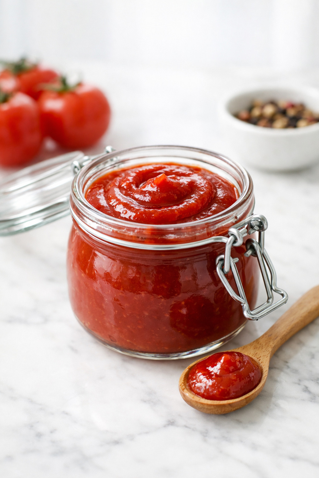 Homemade ketchup in a glass jar on white marble