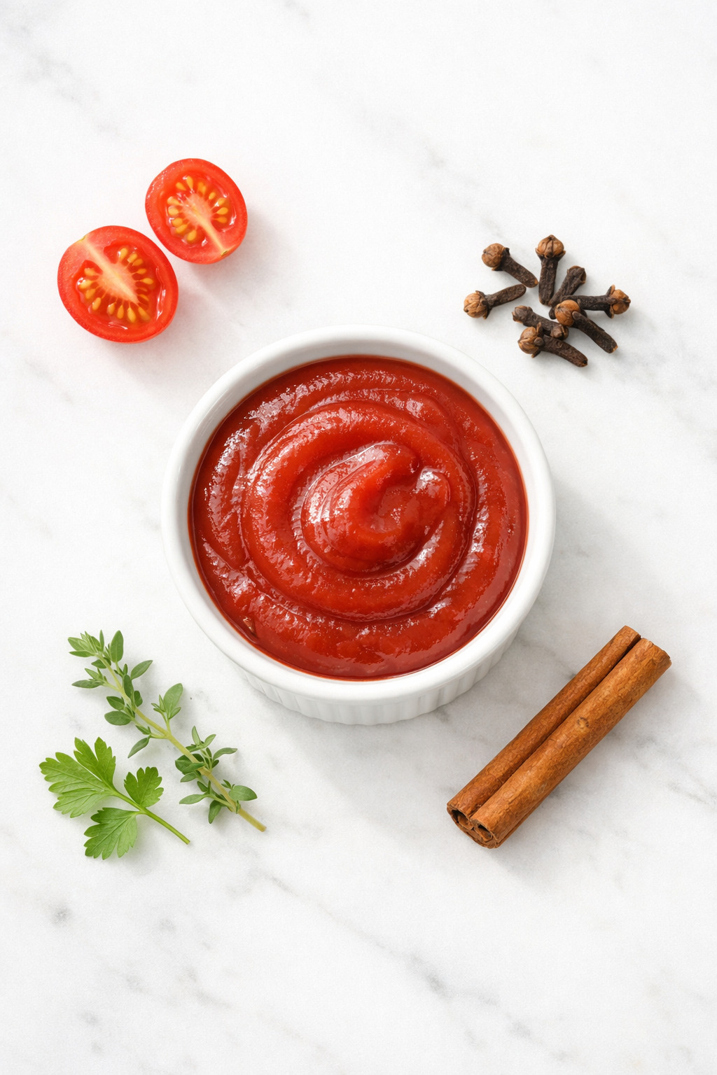Overhead view of homemade ketchup in a white bowl