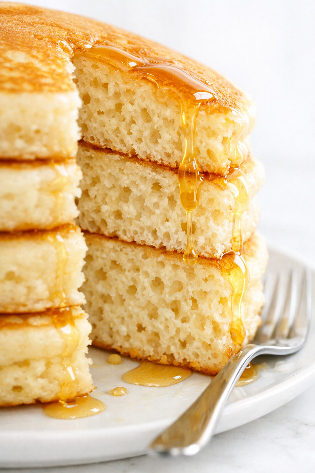 Closeup showing the fluffy airy interior texture of homemade pancakes