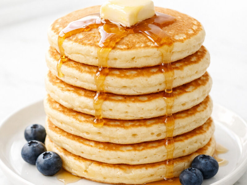 Stack of fluffy homemade pancakes drizzled with maple syrup on a white plate